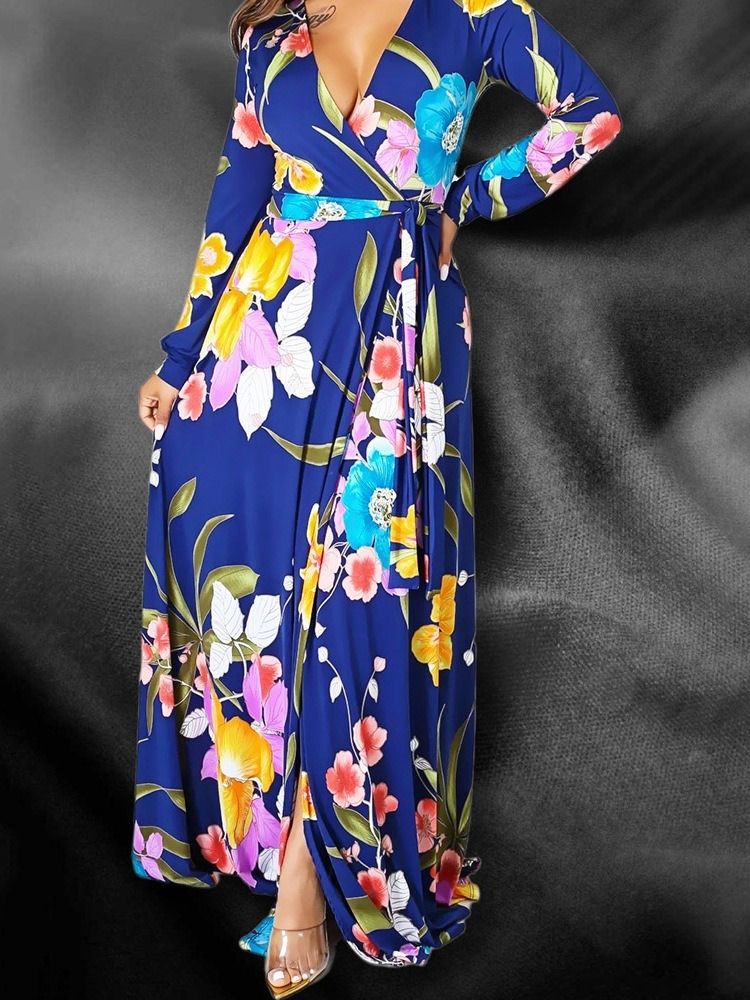 Manga Comprida Patchwork Feminino Com Decote Em V Travel Look Color Block Floral Maxi Dress