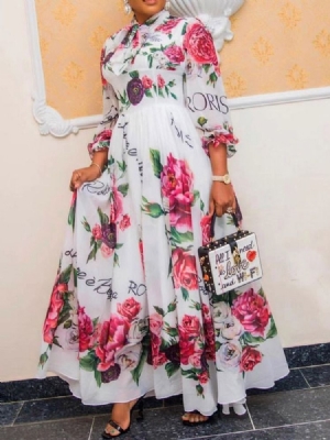 Manga De Nove Pontas Estampada Até O Chão Vestido Feminino De Pulôver Doce