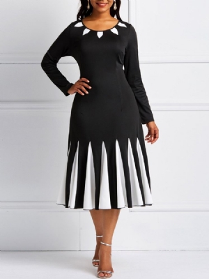 Mangas Compridas Cor Bloco Redondo Decote Vestido Feminino
