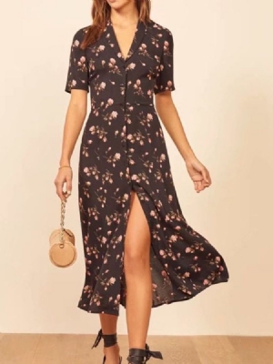 Metade Da Panturrilha Manga Curta Botão De Peito Único Vestido Feminino