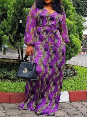 Moda Africana Feminina Com Decote Em V Até O Chão Vestido Com Manga Com Decote Em V De Nove Pontos