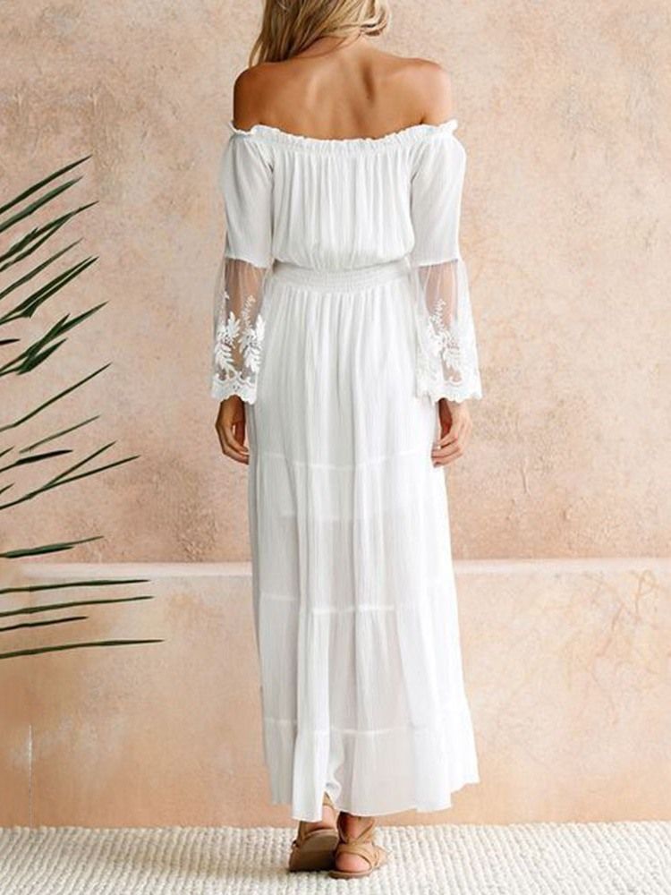 Off Shoulder Patchwork Pulôver Com Ombro Frio Na Altura Do Tornozelo Vestido Feminino