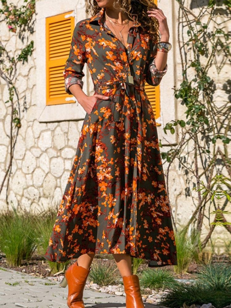 Panturrilha De Nove Pontos Manga Com Cordões Em Linha A-line Vestido Maxi Floral Vestidos De Praia Para Mulheres