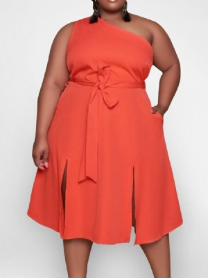 Pulôver Feminino De Gola Oblíqua Sem Mangas Panturrilha Média Vestido Tamanho Plus