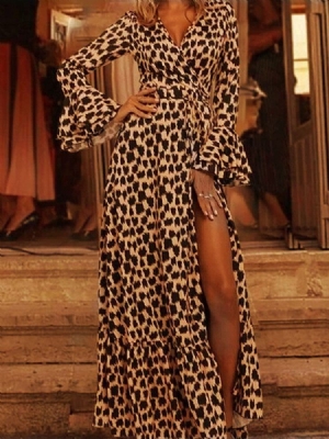Pulôver Feminino De Manga Comprida Dividido Na Altura Do Tornozelo Vestido Leopardo