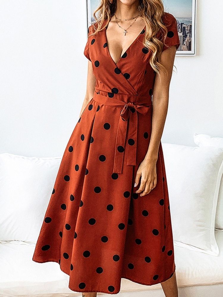 Pulôver De Manga Curta Com Decote Em V Cintura Média Vestido Feminino Vestido Midi