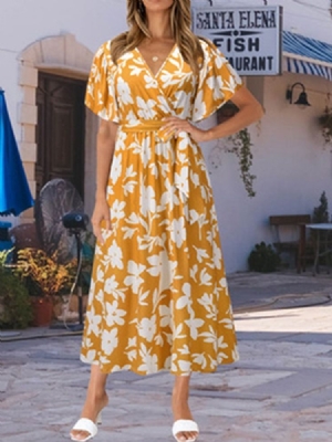 Pulôver De Manga Curta Com Renda Até O Tornozelo A-line Vestido Maxi Floral Vestidos De Praia Para Mulheres