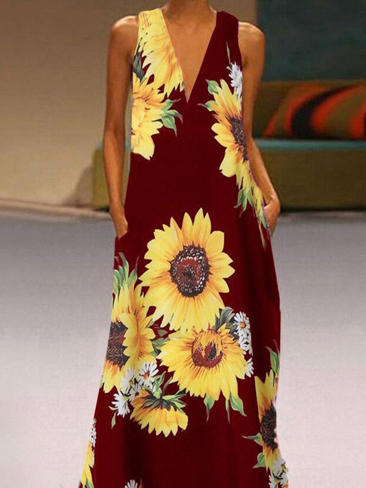 Pulôver Sem Mangas Até O Chão Com Decote Em V Vestido Feminino