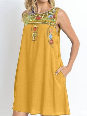 Vestido Casual Feminino Com Bolso Redondo Bordado Acima Do Joelho