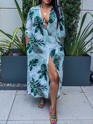 Vestido Casual Feminino Com Estampa De Bolso Manga Três Quartos Lapela Verão