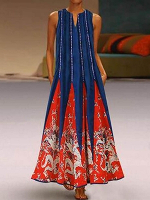 Vestido Casual Feminino Com Estampa De Bolso Na Altura Do Tornozelo E Sem Mangas