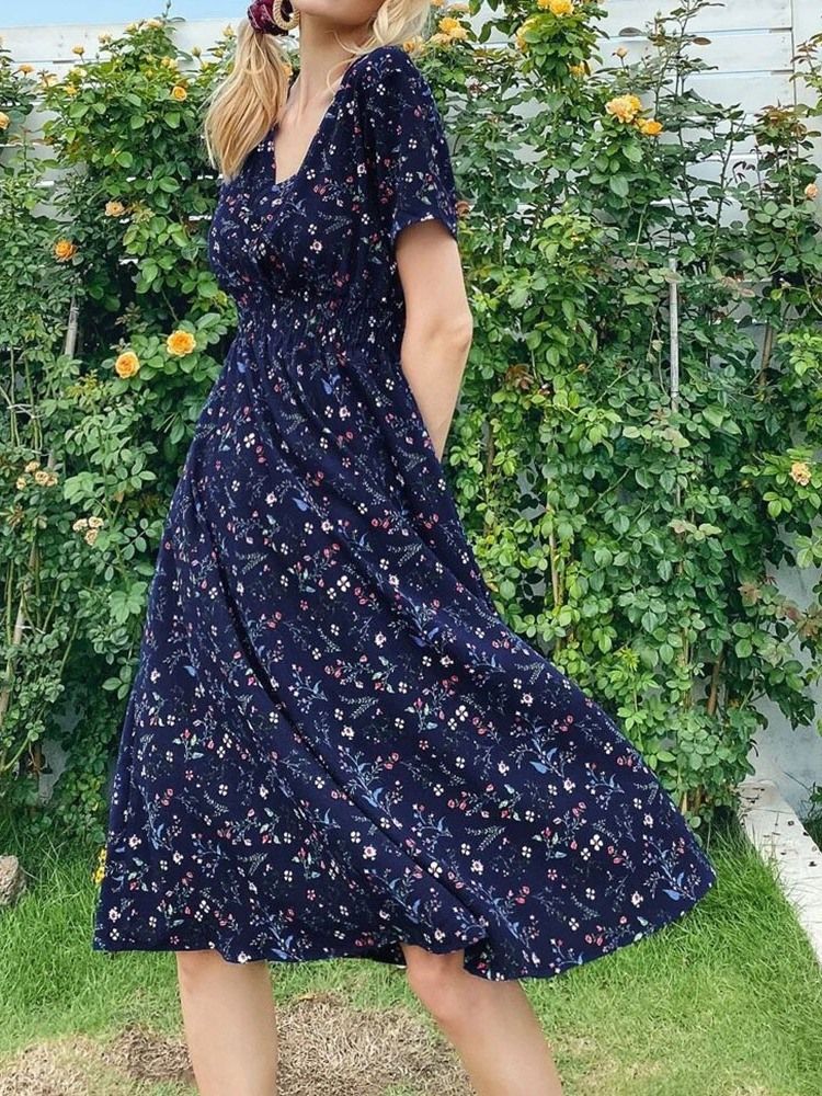 Vestido Estampado Com Decote Em V Manga Curta Pulôver Feminino