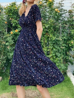 Vestido Estampado Com Decote Em V Manga Curta Pulôver Feminino