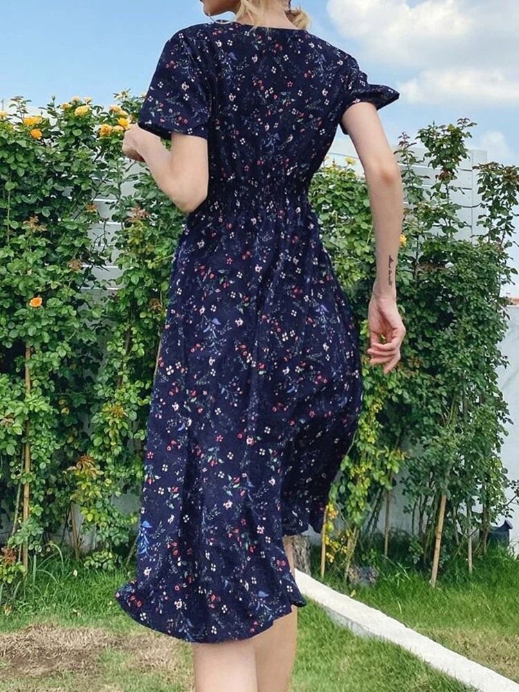 Vestido Estampado Com Decote Em V Manga Curta Pulôver Feminino