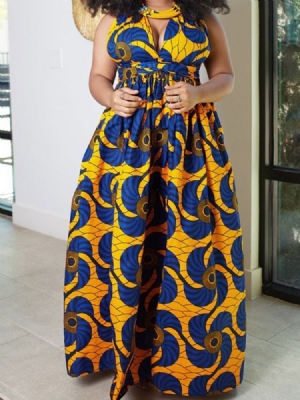 Vestido Estampado Feminino Vintage Sem Mangas Até O Chão