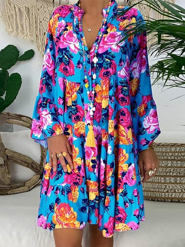 Vestido Feminino Acima Do Joelho Manga Comprida Com Decote Em V Casual Linha A