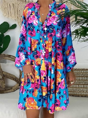Vestido Feminino Acima Do Joelho Manga Comprida Com Decote Em V Casual Linha A