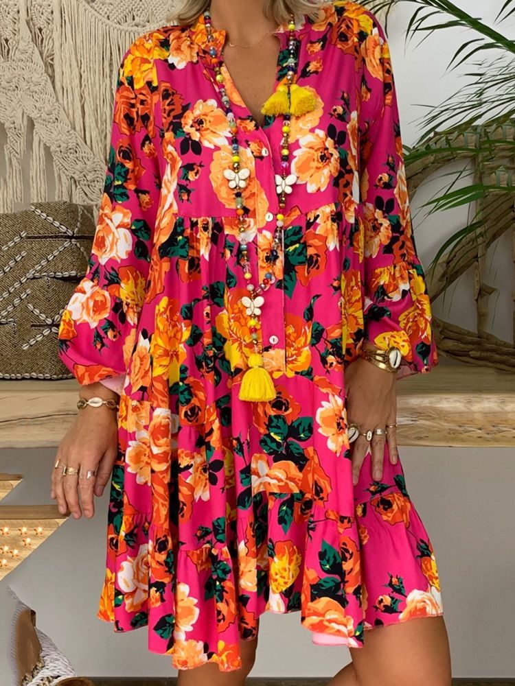 Vestido Feminino Acima Do Joelho Manga Comprida Com Decote Em V Casual Linha A