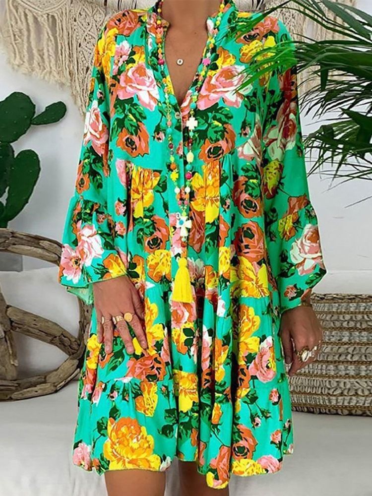 Vestido Feminino Acima Do Joelho Manga Comprida Com Decote Em V Casual Linha A