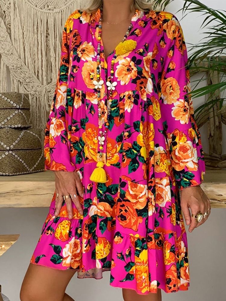 Vestido Feminino Acima Do Joelho Manga Comprida Com Decote Em V Casual Linha A