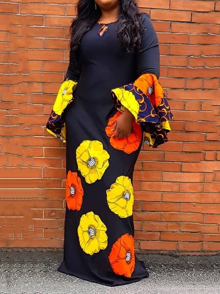Vestido Feminino Africano Dashiki Com Estampa Floral De Pescoço Redondo
