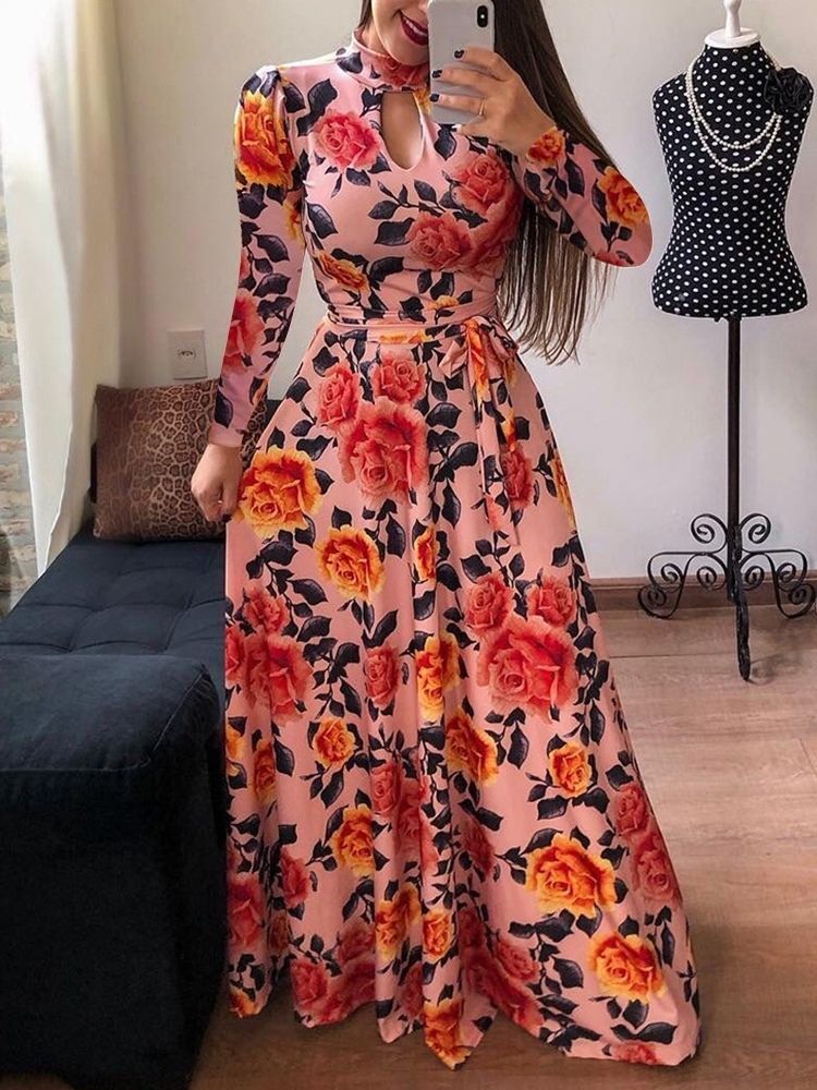 Vestido Feminino Até O Chão Com Decote Em V Estampado Na Cintura Média