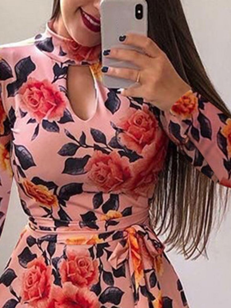 Vestido Feminino Até O Chão Com Decote Em V Estampado Na Cintura Média
