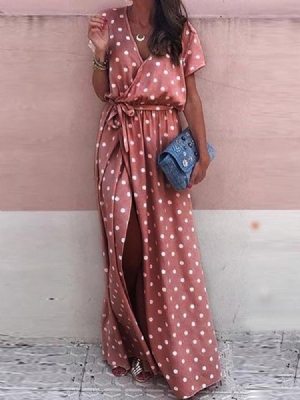 Vestido Feminino Até O Chão Dividido Com Decote Em V Com Bolinhas De Bolinhas