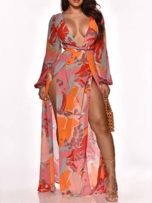 Vestido Feminino Até O Chão Dividido Com Decote Em V Linha A Cor Bloco