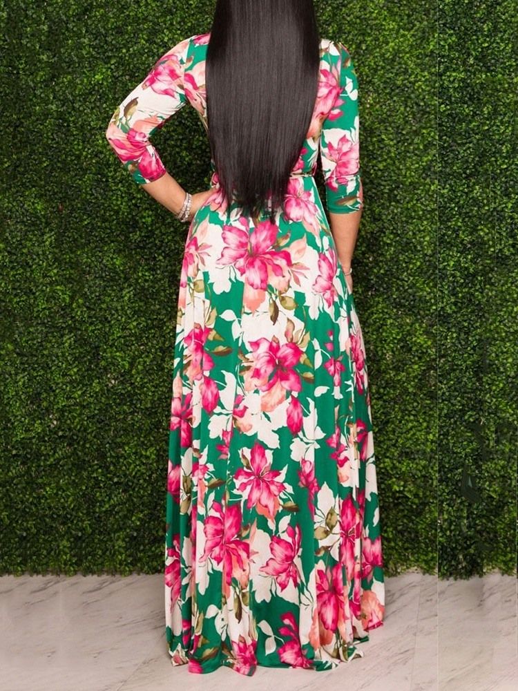 Vestido Feminino Até O Chão Estampado Com Decote Em V Regular De Cintura Alta Vestido Maxi