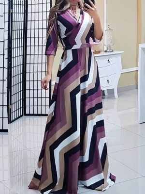 Vestido Feminino Até O Chão Estampado Manga Três Quartos A-line Sweet Dress