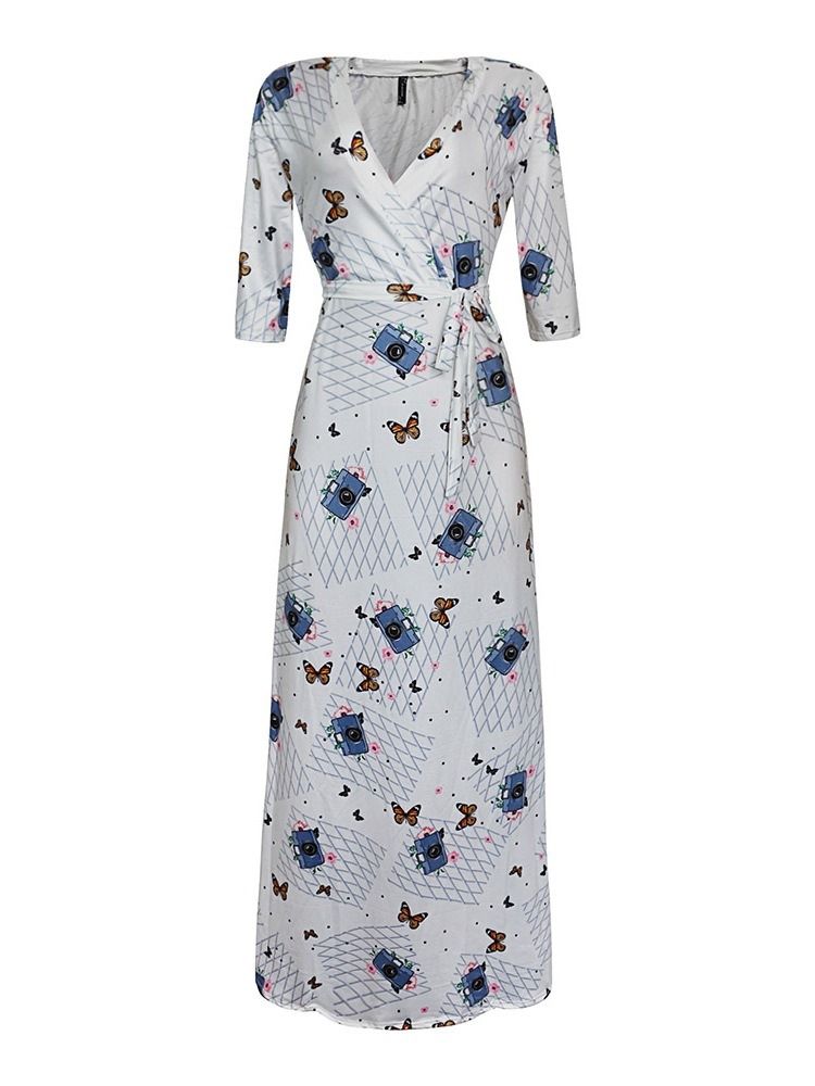 Vestido Feminino Até O Chão Estampado Manga Três Quartos A-line Sweet Dress