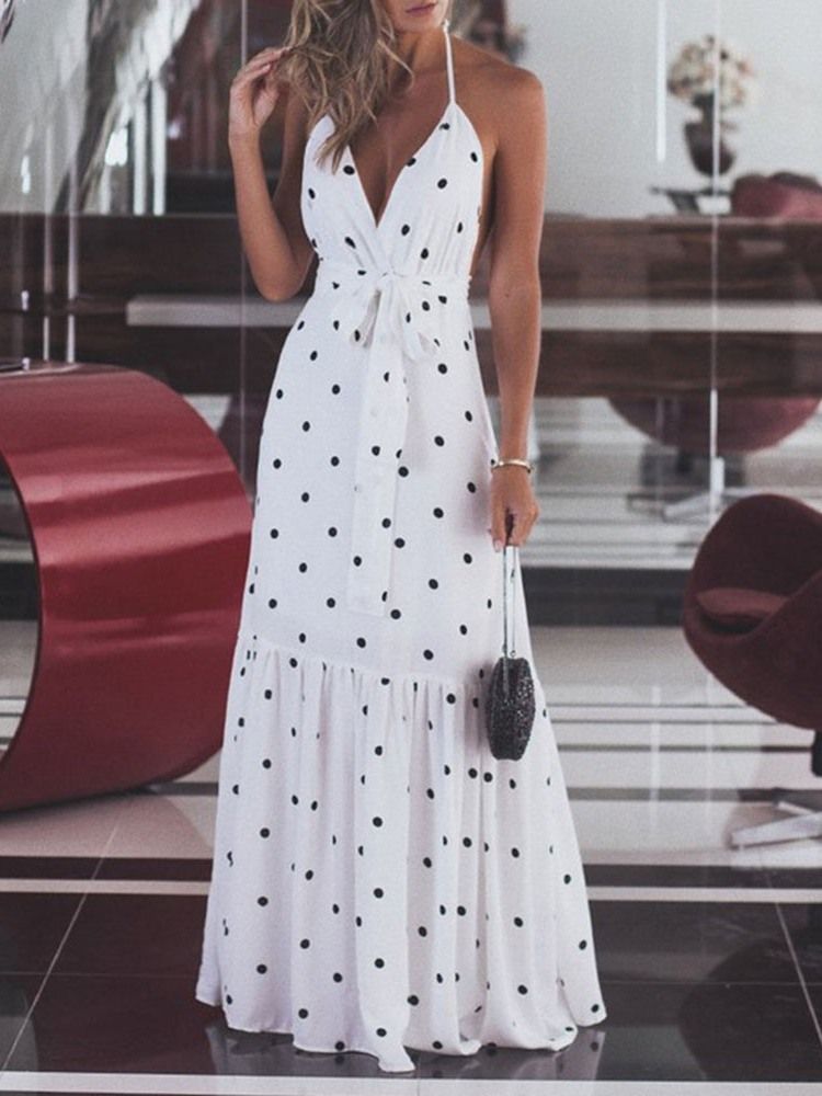 Vestido Feminino Até O Chão Falbala Sem Mangas Casual Às Bolinhas