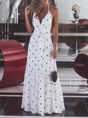 Vestido Feminino Até O Chão Falbala Sem Mangas Casual Às Bolinhas