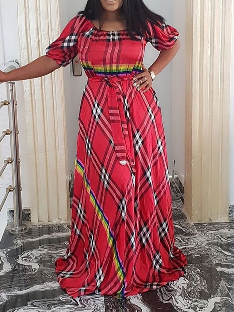 Vestido Feminino Até O Chão Meia Manga Pulôver Xadrez