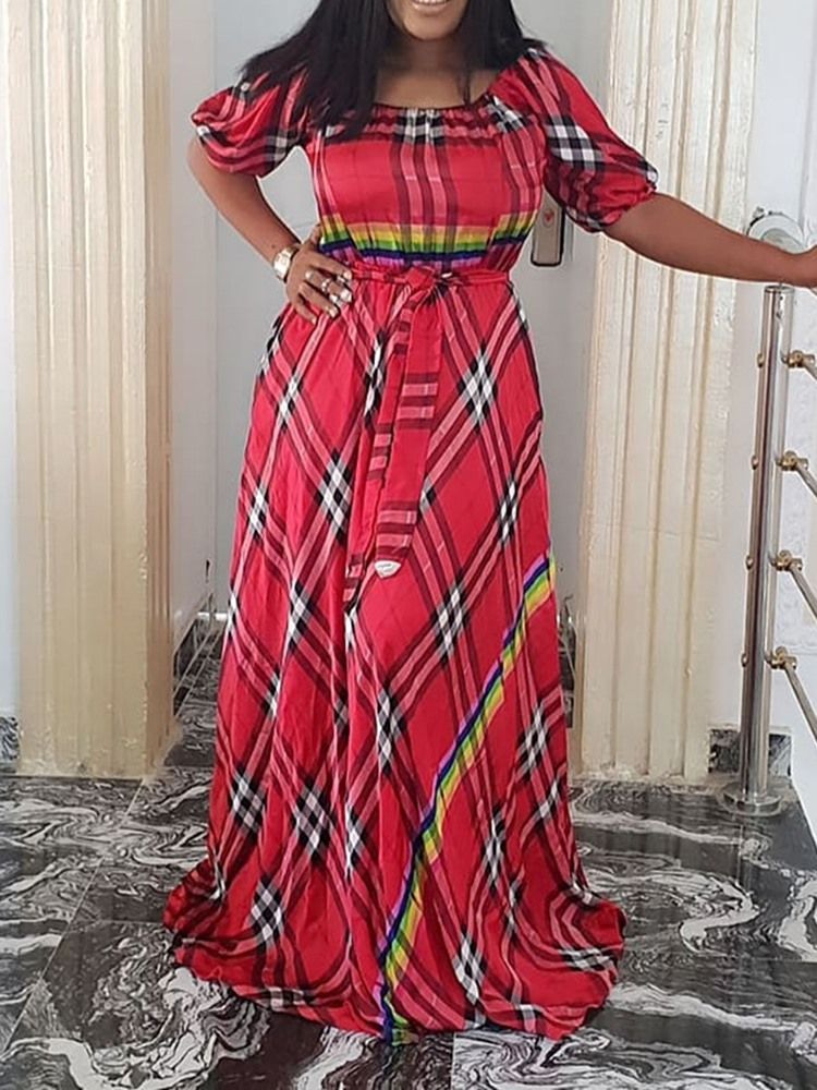 Vestido Feminino Até O Chão Meia Manga Pulôver Xadrez