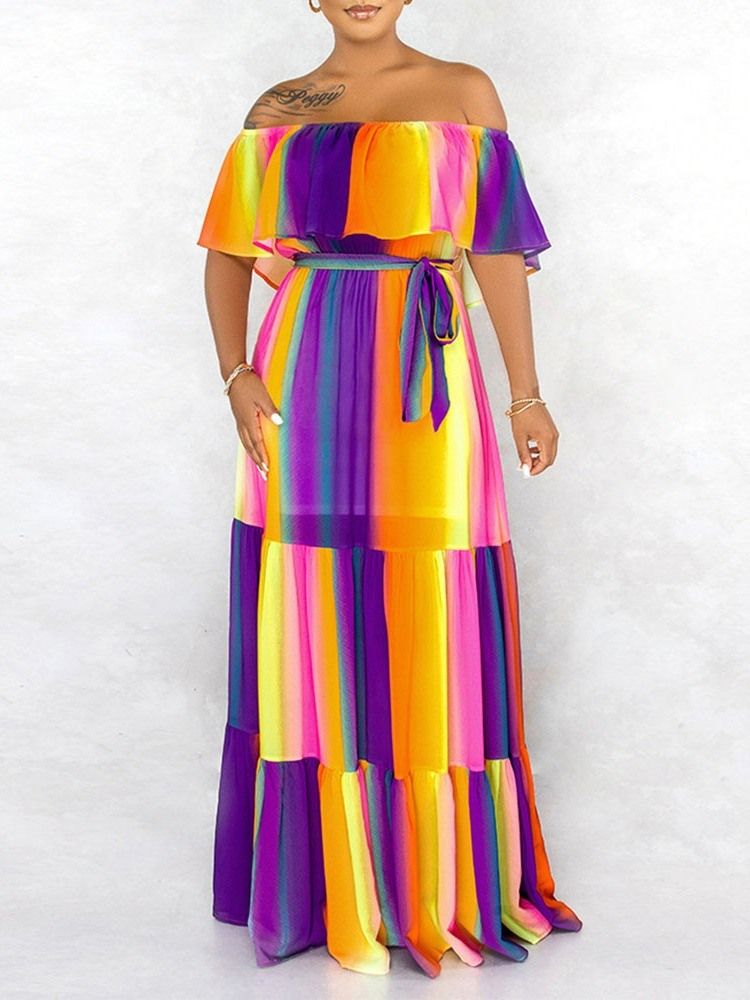 Vestido Feminino Até O Chão Meia Manga Sem Ombro Casual Linha A