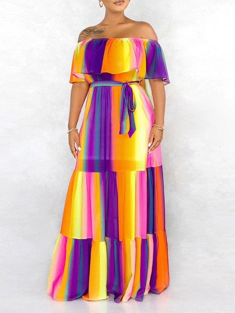 Vestido Feminino Até O Chão Meia Manga Sem Ombro Casual Linha A