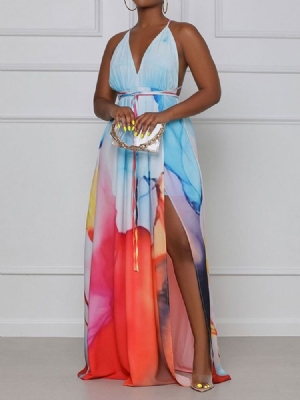 Vestido Feminino Até O Chão Sem Mangas Com Decote Em V Sexy