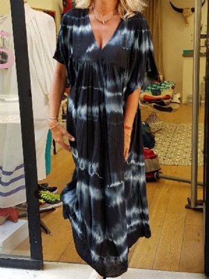 Vestido Feminino Até O Tornozelo Com Decote Em V Tie-dye Com Cintura Alta