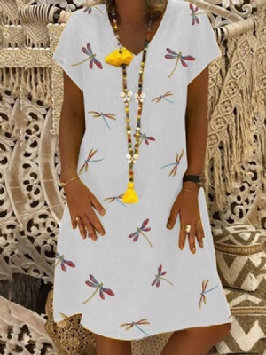 Vestido Feminino Casual Com Decote Em V Estampado Manga Curta Verão Linha A