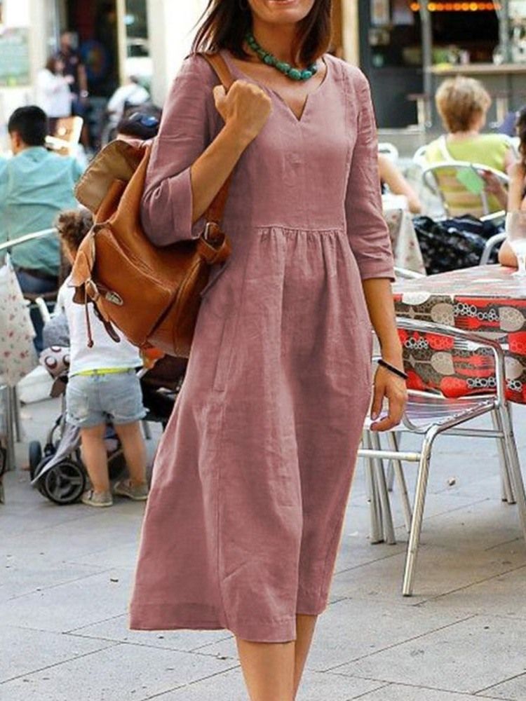 Vestido Feminino Casual De Meia Canela Manga Três Quartos Com Decote Em V Regular