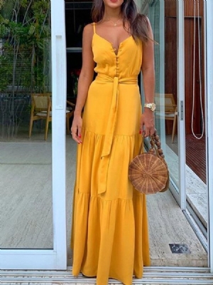 Vestido Feminino Casual Sem Mangas Com Cordões E Decote Em V