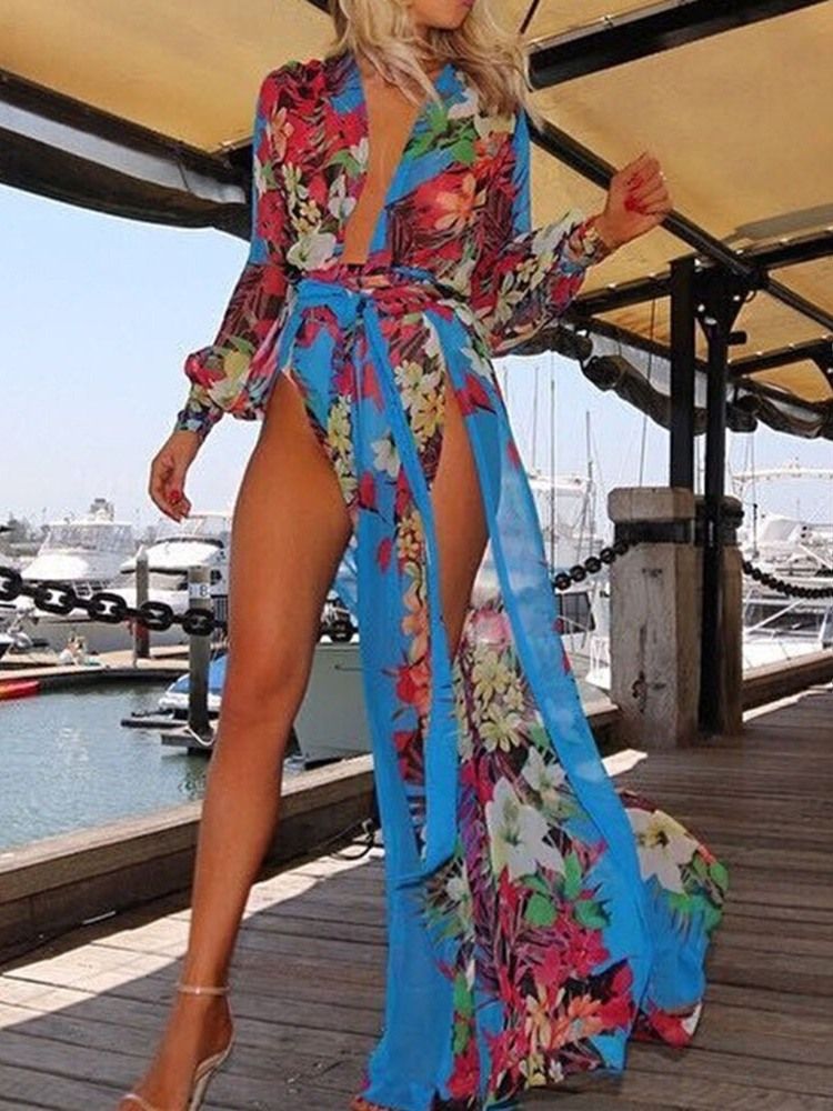 Vestido Feminino De Chiffon Até O Chão Com Estampa Dividida Floral