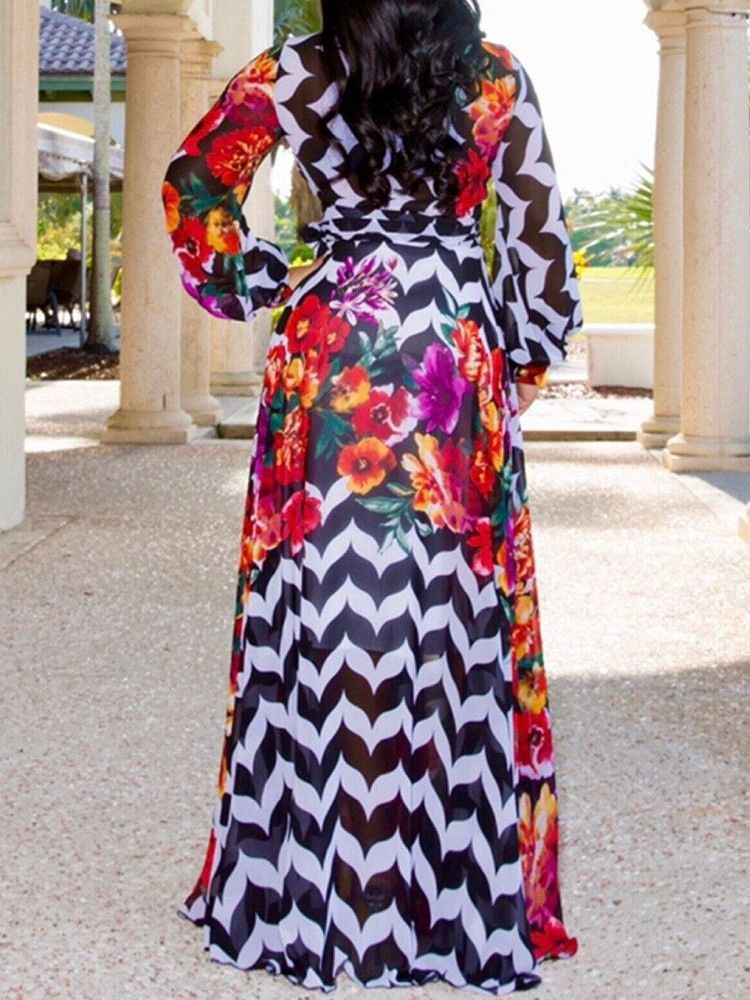 Vestido Feminino De Chiffon De Chiffon Até O Chão Com Listra Em V Com Decote Em V