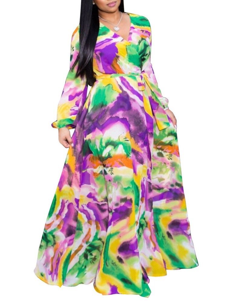 Vestido Feminino De Chiffon De Chiffon Até O Chão Com Listra Em V Com Decote Em V