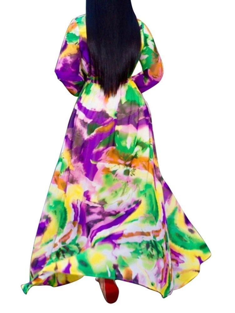 Vestido Feminino De Chiffon De Chiffon Até O Chão Com Listra Em V Com Decote Em V
