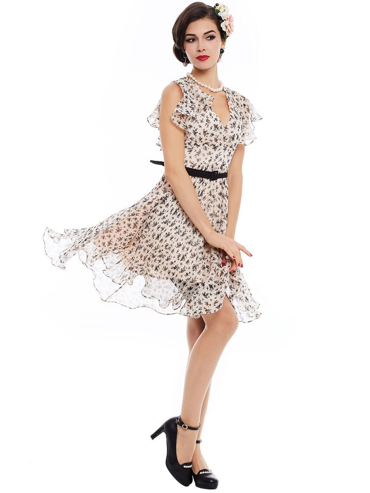 Vestido Feminino De Chiffon Floral Falbala-trim Flowy A Line