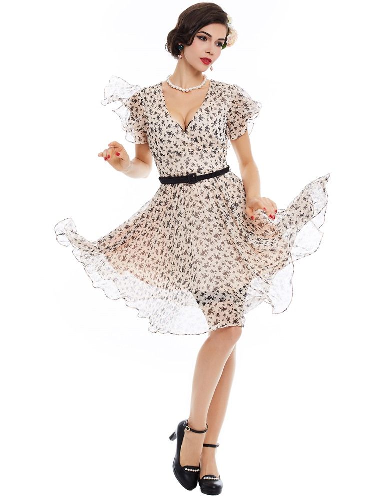 Vestido Feminino De Chiffon Floral Falbala-trim Flowy A Line