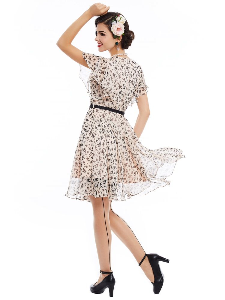 Vestido Feminino De Chiffon Floral Falbala-trim Flowy A Line